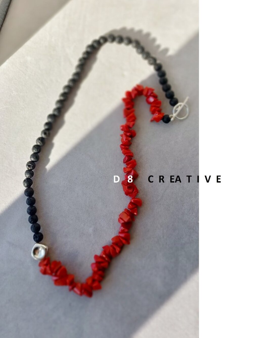 New red coral stone with black lava stone and 925 sterling silver necklace